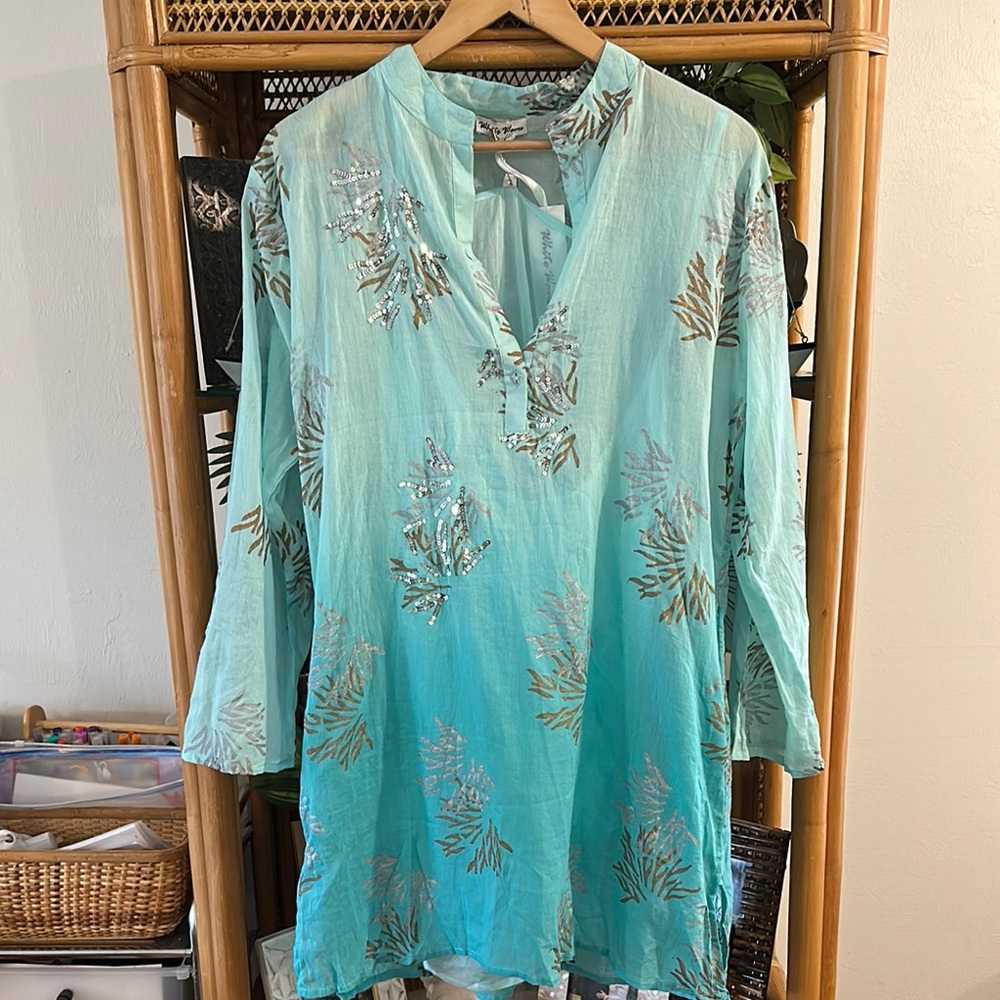 WHITE WAVES HANDMADE Ombré‎ Aqua Tunic with Silver Bronze Coral Design